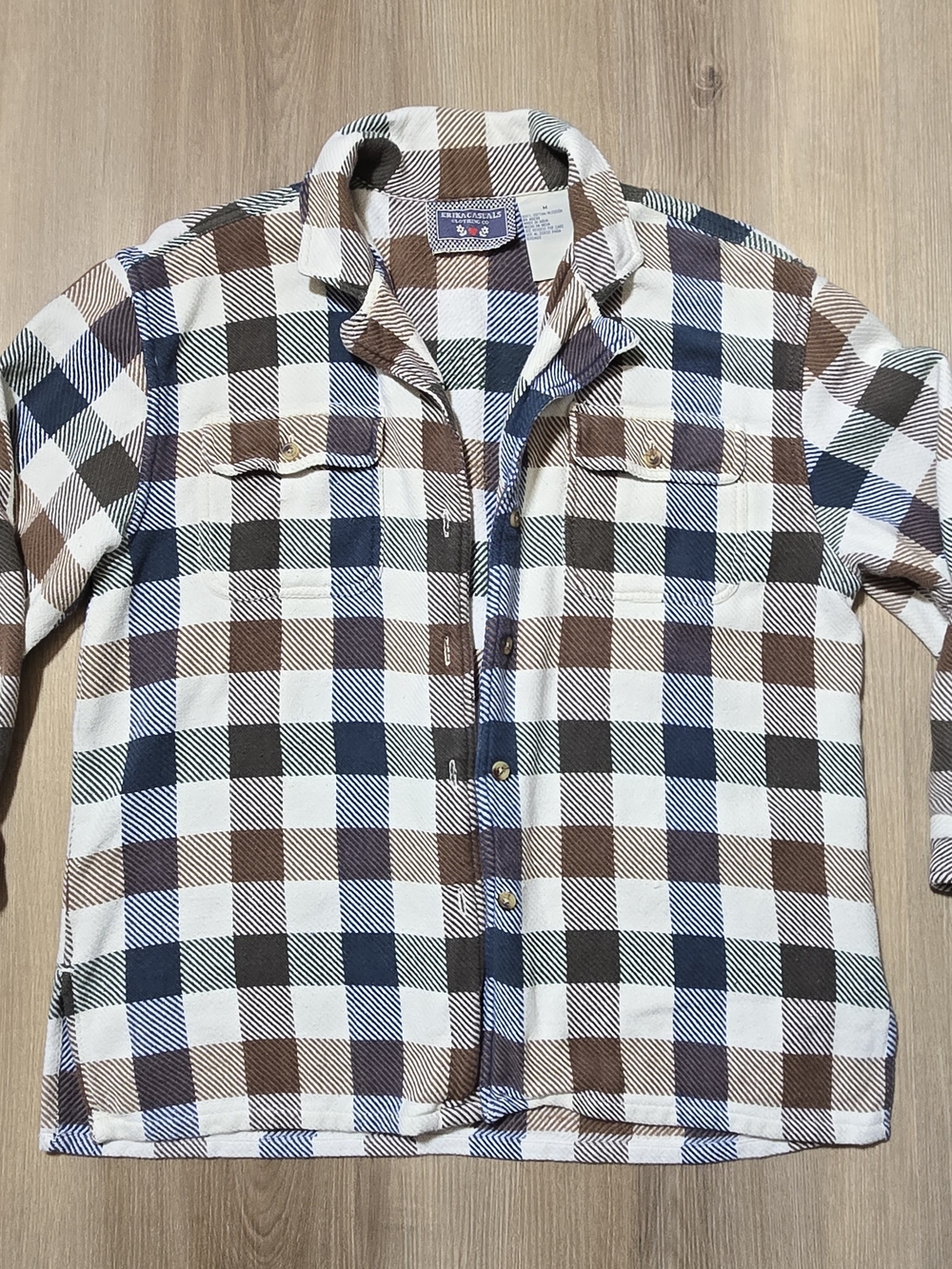 Vintage Women's Button-Down Checkered Shirt Jacket in Brown, Navy & Cream